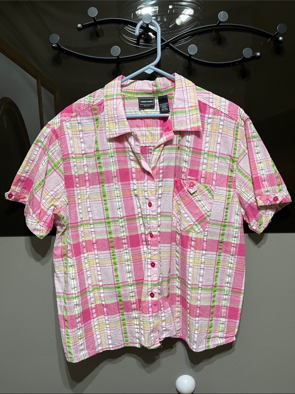 Bobbie Brooks Pink, White & Green Plaid Short-Sleeve Button Shirt
